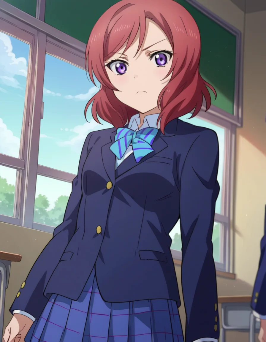 score_9, score_8_up, score_7_up, source_anime,
makinishikino, <lora:maki-nishikino-s1-ponyxl-lora-nochekaiser:1>,
maki nishikino, short hair, purple eyes, red hair,
skirt, school uniform, jacket, blazer, winter uniform, otonokizaka school uniform,
indoors, classroom,
looking at viewer, dutch angle, cowboy shot,