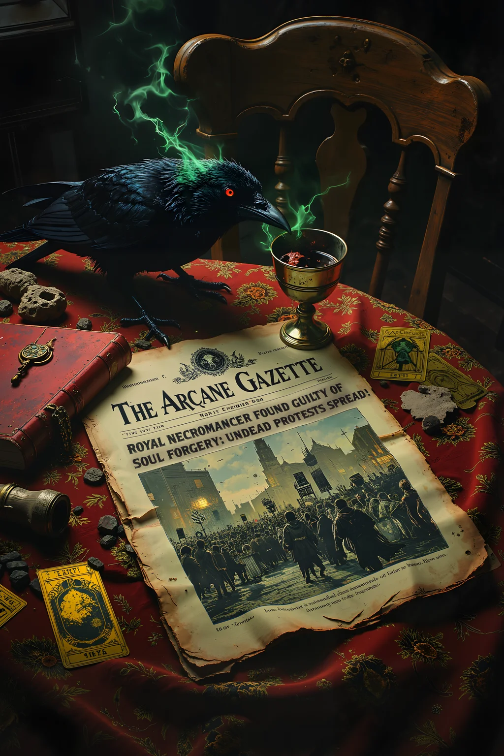 A richly embroidered tablecloth, covered in celestial patterns, cradles a crisp edition of The Arcane Gazette, its front-page headline flashing with urgent enchantment: âROYAL NECROMANCER FOUND GUILTY OF SOUL FORGERY â UNDEAD PROTESTS SPREAD!â Beneath the text, a moving ink sketch shows a crowd of skeletal and ghostly citizens marching through the capital, holding banners that read âRIGHTS FOR THE RISEN.â A silver goblet, half-filled with shimmering blue elven wine, rests dangerously close to the edge of the paper, reflecting the dancing words in its surface. Scattered across the table, golden tarot cards lie overturned, their symbols eerily aligning with the chaotic news story. Wisps of green necromantic energy drift lazily from the paperâs edges, a sure sign that the article has been cursedâor blessedâby unseen hands. A raven, its eyes gleaming with unnatural intelligence, perches on the back of a chair, occasionally pecking at a loose parchment as if scrutinizing the news. The scent of old books and alchemical ingredients fills the air, mingling with the faint sound of whispered spells still lingering in the room. Outside, the sound of distant chanting can be heardâperhaps the very undead protesters making their voices known beyond the printed word. , detailed background Fantastic lighting. Detailed shadows.intricate details, vivid colors, hyper-detailed, ultra-sharp, , <lora:Luminous_Shadowscape-000016:0.4><lora:black_fantasy_1.0:0.4><lora:Glitchcore_Flux:0.4><lora:- Flux1 - vanta_black_V2.0:0.4>