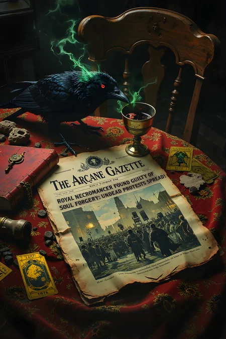 A richly embroidered tablecloth, covered in celestial patterns, cradles a crisp edition of The Arcane Gazette, its front-page headline flashing with urgent enchantment: âROYAL NECROMANCER FOUND GUILTY OF SOUL FORGERY â UNDEAD PROTESTS SPREAD!â Beneath the text, a moving ink sketch shows a crowd of skeletal and ghostly citizens marching through the capital, holding banners that read âRIGHTS FOR THE RISEN.â A silver goblet, half-filled with shimmering blue elven wine, rests dangerously close to the edge of the paper, reflecting the dancing words in its surface. Scattered across the table, golden tarot cards lie overturned, their symbols eerily aligning with the chaotic news story. Wisps of green necromantic energy drift lazily from the paperâs edges, a sure sign that the article has been cursedâor blessedâby unseen hands. A raven, its eyes gleaming with unnatural intelligence, perches on the back of a chair, occasionally pecking at a loose parchment as if scrutinizing the news. The scent of old books and alchemical ingredients fills the air, mingling with the faint sound of whispered spells still lingering in the room. Outside, the sound of distant chanting can be heardâperhaps the very undead protesters making their voices known beyond the printed word. , detailed background Fantastic lighting. Detailed shadows.intricate details, vivid colors, hyper-detailed, ultra-sharp, , <lora:Luminous_Shadowscape-000016:0.4><lora:black_fantasy_1.0:0.4><lora:Glitchcore_Flux:0.4><lora:- Flux1 - vanta_black_V2.0:0.4>