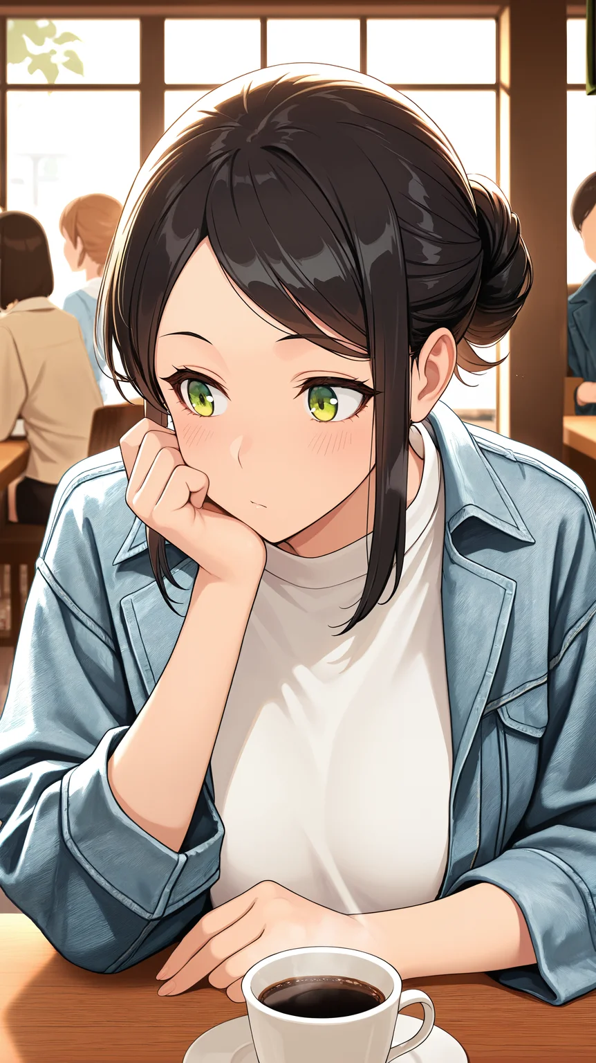 masterpiece, best quality, amazing quality, girl, thoughtful pose, <lora:Heejin Park - Illu:1>, black hair, green eyes, hair up, white shirt, denim jacket, black skirt, long dress, cafe, coffee shop, soft lighting,