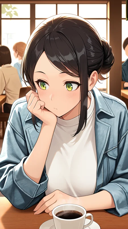 masterpiece, best quality, amazing quality, girl, thoughtful pose, <lora:Heejin Park - Illu:1>, black hair, green eyes, hair up, white shirt, denim jacket, black skirt, long dress, cafe, coffee shop, soft lighting,