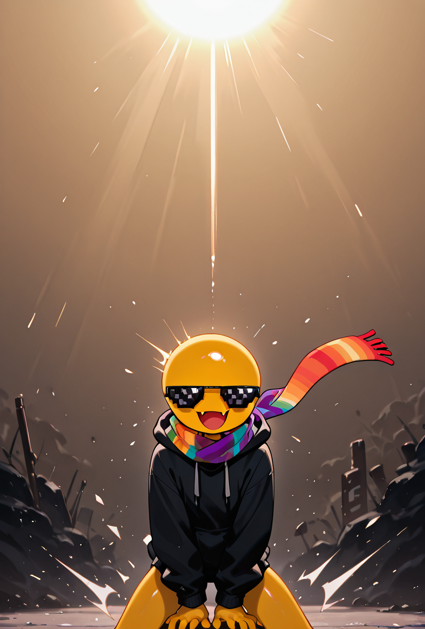 <lora:xmattar-08:1> xmattar, open mouth, rainbow scarf, , solo, smile, pixel sunglasses, 1boy,black hoodie, yellow skin, circular head,dynamic pose, action pose, angry sunglasses, expressive sunglasses,, masterpiece, best quality, amazing quality, very aesthetic, absurdres, newest,