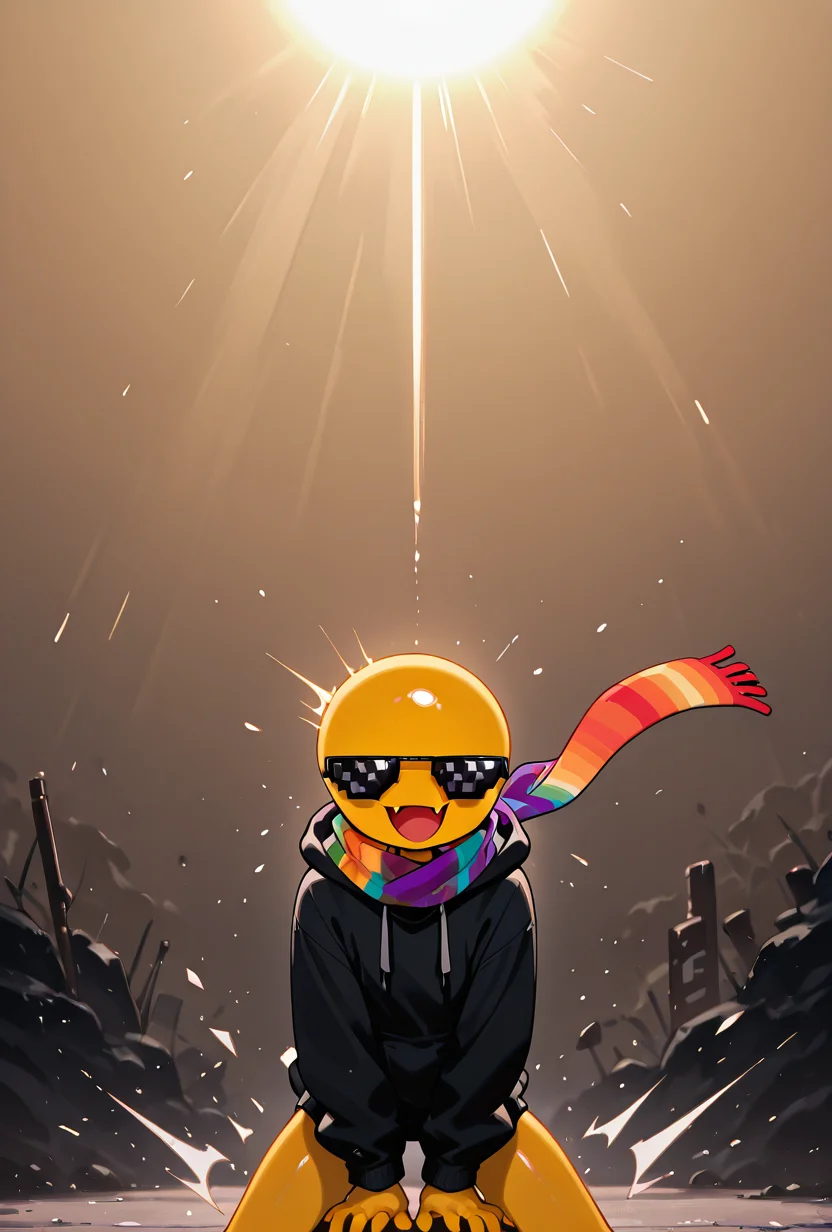 <lora:xmattar-08:1> xmattar, open mouth, rainbow scarf, , solo, smile, pixel sunglasses, 1boy,black hoodie, yellow skin, circular head,dynamic pose, action pose, angry sunglasses, expressive sunglasses,, masterpiece, best quality, amazing quality, very aesthetic, absurdres, newest,
