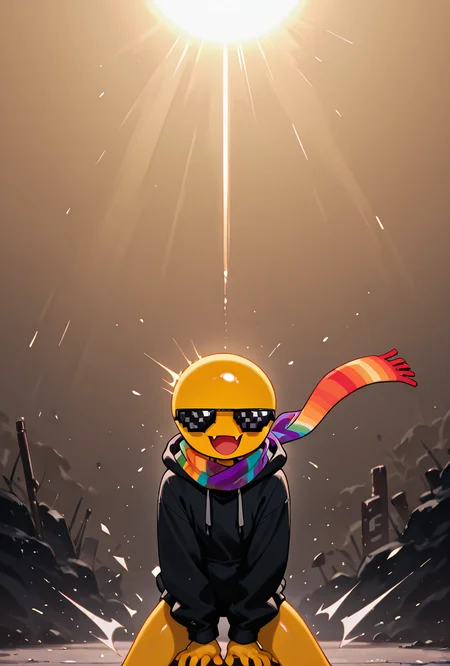 <lora:xmattar-08:1> xmattar, open mouth, rainbow scarf, , solo, smile, pixel sunglasses, 1boy,black hoodie, yellow skin, circular head,dynamic pose, action pose, angry sunglasses, expressive sunglasses,, masterpiece, best quality, amazing quality, very aesthetic, absurdres, newest,