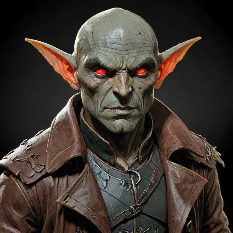 Pathfinder style Hobgoblin investigator, male, weathered face, sharp features, ((Grey skin)), Bald, Wide and round head, Large and pointed ears, pure red eyes, muscular build, wearing a leather coat, detailed, intricate, cinematic lighting, highly detailed face, art nouveau style <lora:Path_goblin:0.751> <lora:sss:1> sssâââ