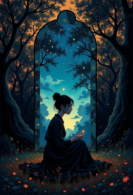 Enveloped within a realm of ethereal introspection, the exquisite canvas crafted by the talented creative artist portrays a thoughtful woman, seated beside an enigmatic fractured mirror. With Otomo Katsuhiro's distinctive artistic touch, the dimly lit scene unfolds into an enchanting dance of vivid, luminous colors reflecting off the shattered glass. Each mirrored fragment serves as a fleeting glimpse into the woman's rich history, imbuing the surroundings with mesmerizing kaleidoscopic vibrancy. A misty veil of subtle shadows holds the memories together in delicate balance, further accentuating the surrealist aesthetic. As spectators delve deeper into this captivating artwork, they're engulfed by an atmosphere of serene tranquility, awed by the artist's exquisite attention to detail and their prowess in surreal realism's captivating essence - marking it as a truly esteemed artistic creation. ,<lora:Ethereal_Brush_Anime_v1.0.safetensors:0.4> ,<lora:we_du_v2.safetensors:1.0>