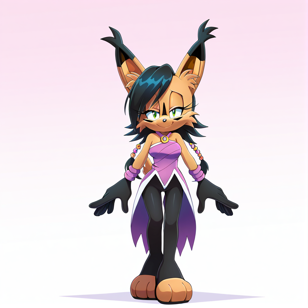<lora:nicole_lynx_illustrious-000010:1>,  (masterpiece), (best quality), (ultra-detailed), amazing quality, very aesthetic, illustration, perfect composition, intricate details, absurdres, incredibly absurdres,  nicole the lynx, 1girl, breasts, looking at viewer, smile, short hair, gloves, bare shoulders, jewelry, green eyes, standing, tail, full body, pantyhose, black pantyhose, strapless, half-closed eyes, sonic the hedgehog \(series\), furry, furry female, black hair, animal ears, animal nose, animal ear fluff, solo, solo focus, body fur, brown fur, facial markings