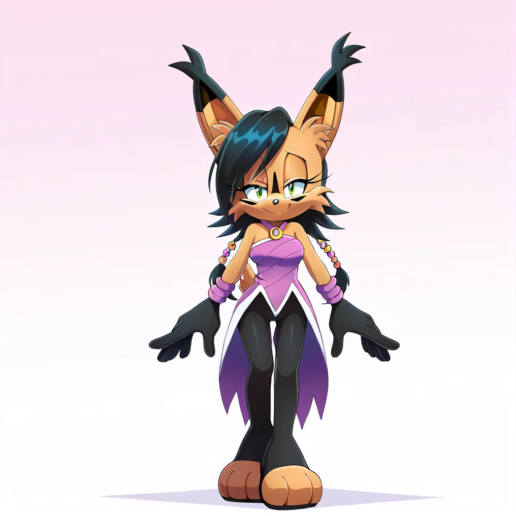 <lora:nicole_lynx_illustrious-000010:1>, (masterpiece), (best quality), (ultra-detailed), amazing quality, very aesthetic, illustration, perfect composition, intricate details, absurdres, incredibly absurdres, nicole the lynx, 1girl, breasts, looking at viewer, smile, short hair, gloves, bare shoulders, jewelry, green eyes, standing, tail, full body, pantyhose, black pantyhose, strapless, half-closed eyes, sonic the hedgehog \(series\), furry, furry female, black hair, animal ears, animal nose, animal ear fluff, solo, solo focus, body fur, brown fur, facial markings