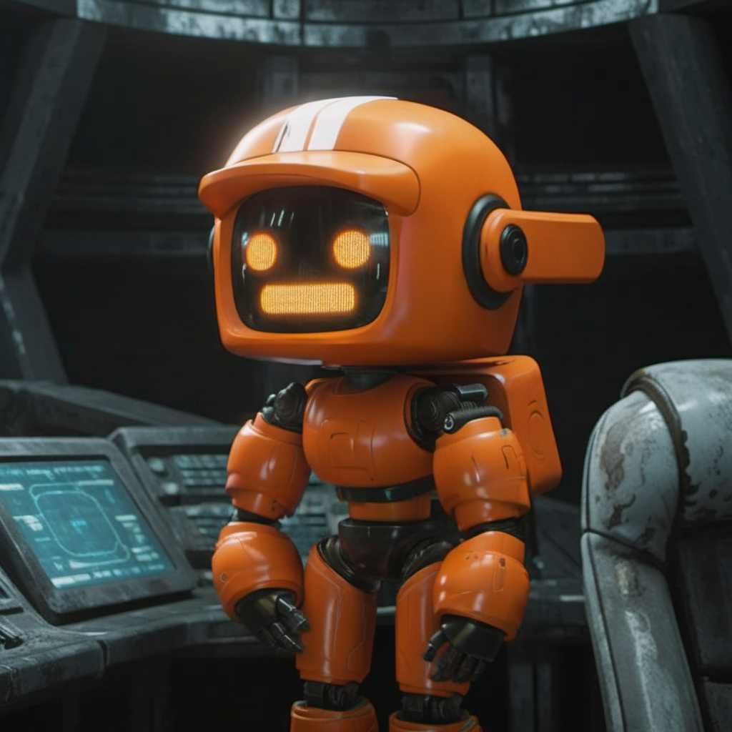 an orange robot, in a spaceship, cyberpunk,  highly detailed,  photography, ultra sharp, film, professional, 64k  <lora:add-detail-xl:1.5> <lora:Orange Robot1024:0.7>