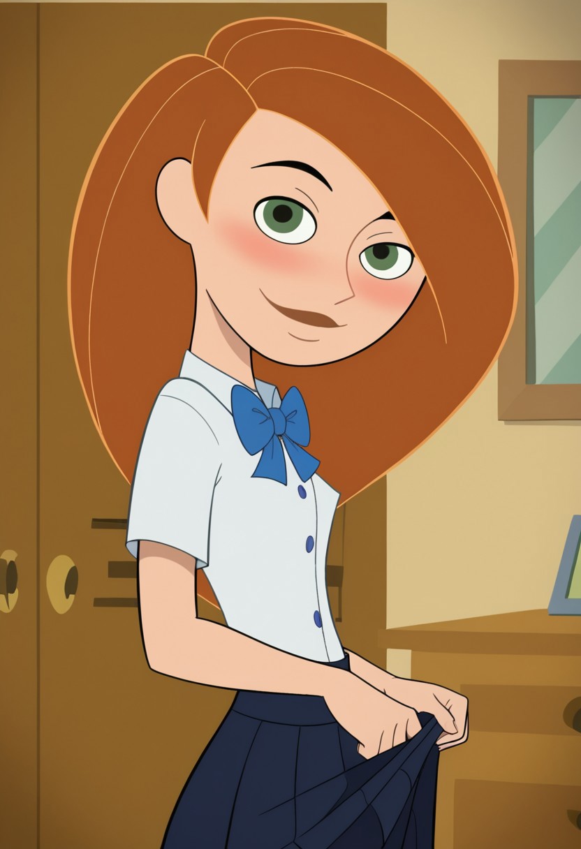 score_9, score_8_up, score_7_up, score_6_up, score_5_up, score_4_up, BREAK, 
1girl, Kim, orange hair, green eyes ,small breasts, perfect boobs, closed mouth, boy out of frame,
blushing, sexy look, naughty look, looking at viewer, smile,
bedroom, 
1girl, school uniform, skirt, solo, bow tie, bow,
shirtpull1, pulled by self, clothes pull, shirt pull, pulling own clothes,
butt grab:1.3,