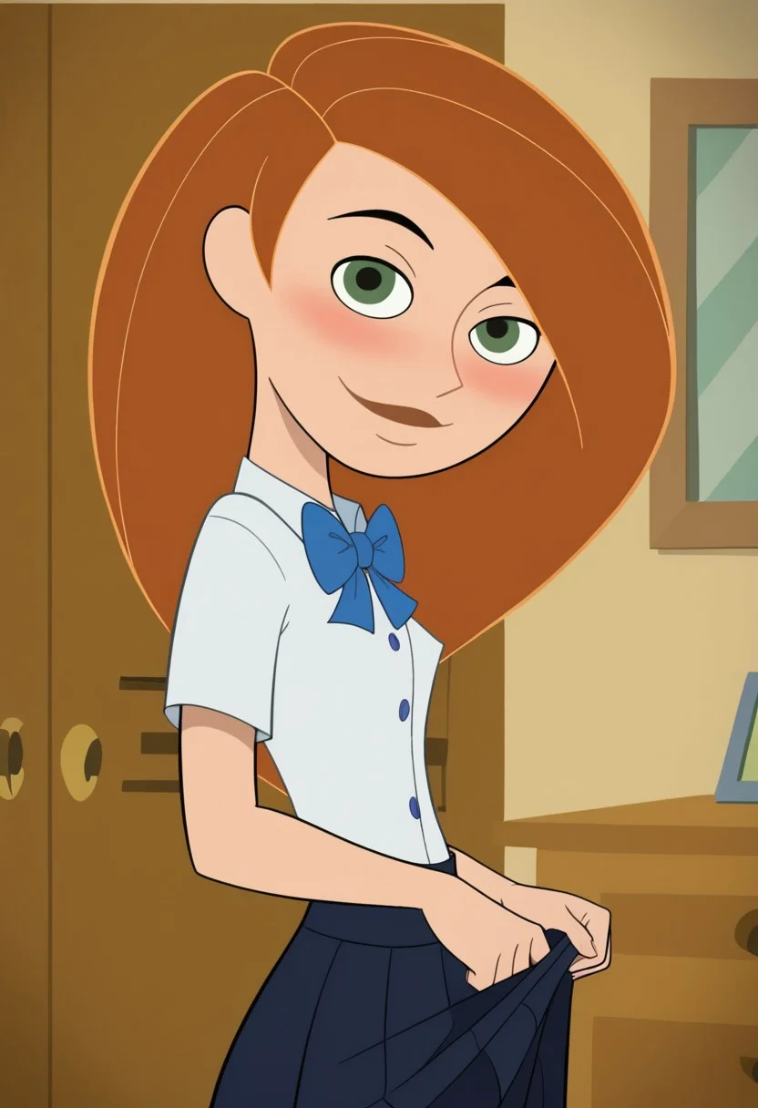 score_9, score_8_up, score_7_up, score_6_up, score_5_up, score_4_up, BREAK,
1girl, Kim, orange hair, green eyes ,small breasts, perfect boobs, closed mouth, boy out of frame,
blushing, sexy look, naughty look, looking at viewer, smile,
bedroom,
1girl, school uniform, skirt, solo, bow tie, bow,
shirtpull1, pulled by self, clothes pull, shirt pull, pulling own clothes,
butt grab:1.3,
