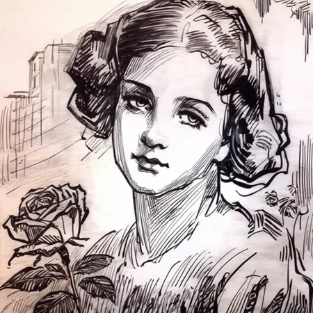 drawix6 portrait of a girl with a rose in the garden background, black ink <lora:drawix6:1>