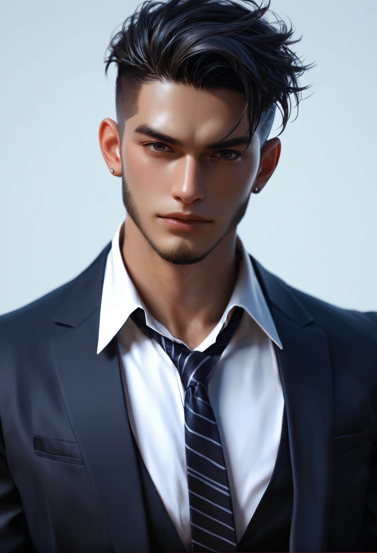 score_9, score_8_up, score_7_up, i want the whole image to be created in 3D anime style, solo, looking at viewer, simple background, shirt, black hair, 1boy, upper body, male focus, necktie, collared shirt, vest, facial hair, sleeves rolled up, realistic, manly, undercut
