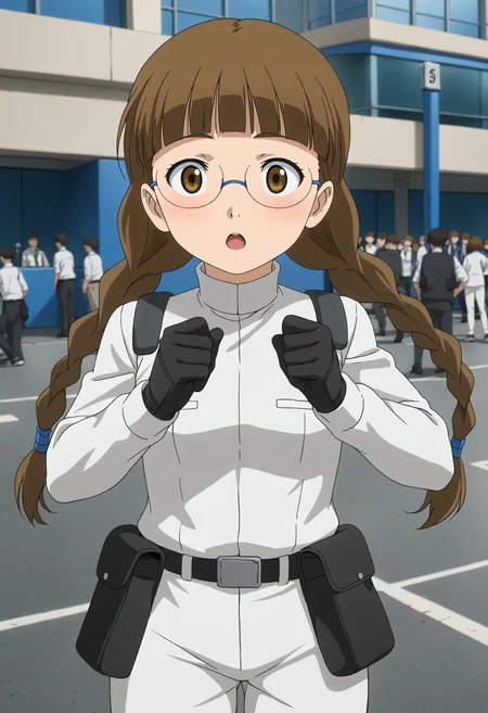 <lora:Hyper-SDXL-8steps-lora:1> <lora:Fixhands_anime_bdsqlsz_V1:1> zPDXL2, score_9, score_8_up, score_7_up, source_anime, intricate details, perfect anatomy BREAK
outdoors, city, tokyo, japan, audience, crowd, close-up, portrait,face focus, Surprised, Wide-open eyes, a raised brow, and an open mouth., 1girl, solo, solo focus,
<lora:GAGE-remi_ruth_XL(pony)v10:1> gage-remi, brown hair, low twin braids, brown eyes, glasses, gage-remi outfit, white dress, black gloves, belt pouch, white pants, black shoes,