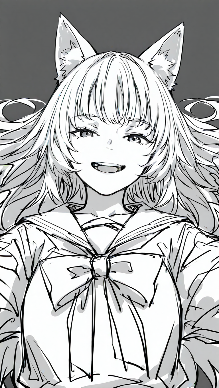 1girl, :d, animal ears, bangs, bow, grey background, long hair, looking at viewer, lying, monochrome, on back, open mouth, sketch, smile, solo, teeth, upper body<lora:HatchMonochrome:1>