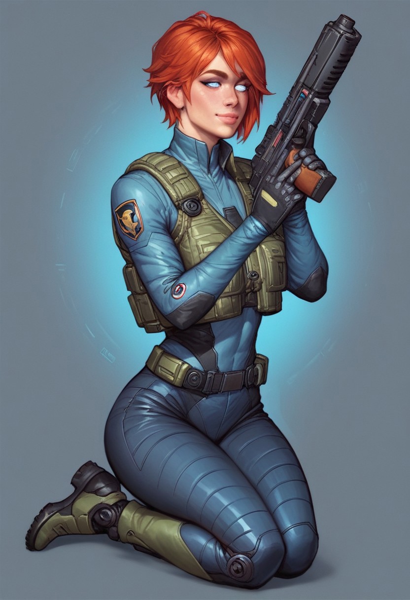 ((1girl, cute face, dynamic pose,
Glowing aura surrounding a futuristic character like the Nomad, clad in a futuristic detailed brown suit handmade, (((futuristic army vest armor))) patches on suit, redhead, long bangs,holographic blue light streaks, full face gasmask, (big shining white eyes without pupils:1.5), dynamic pose)), coy smile
BREAK 
((((full closed)))), (((big futuristic gun in hands, sci-fi gun in hands)))
score_9, score_8_up, score_7_up, score_6_up, source_cartoon, rating_explicit, Expressiveh, (((((full body))))), dynamic pose, (in wastelands, sandstorm:1.3)