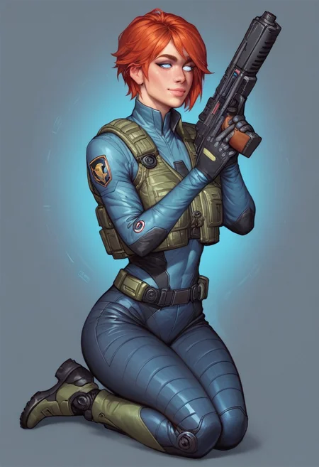 ((1girl, cute face, dynamic pose,
Glowing aura surrounding a futuristic character like the Nomad, clad in a futuristic detailed brown suit handmade, (((futuristic army vest armor))) patches on suit, redhead, long bangs,holographic blue light streaks, full face gasmask, (big shining white eyes without pupils:1.5), dynamic pose)), coy smile
BREAK
((((full closed)))), (((big futuristic gun in hands, sci-fi gun in hands)))
score_9, score_8_up, score_7_up, score_6_up, source_cartoon, rating_explicit, Expressiveh, (((((full body))))), dynamic pose, (in wastelands, sandstorm:1.3)