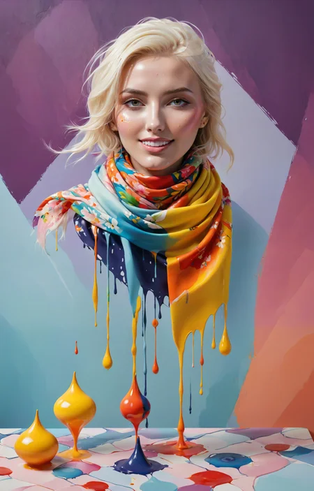 3d isometric, blender render, soft colorful-hued colors, surrealist avant-garde, fashion photography, [ honey dripping over silver clouds : close-up of a beautiful Welsh woman wearing a floral print scarf, soft smile : 6], <lora:MS_AcrylicArt_V1_SDXL:0.8> acrylic_painting, painting, brush strokes, paint drops, paint splatter
 Two tone lighting, abstract geometric gradients, geometric shapes, simple background