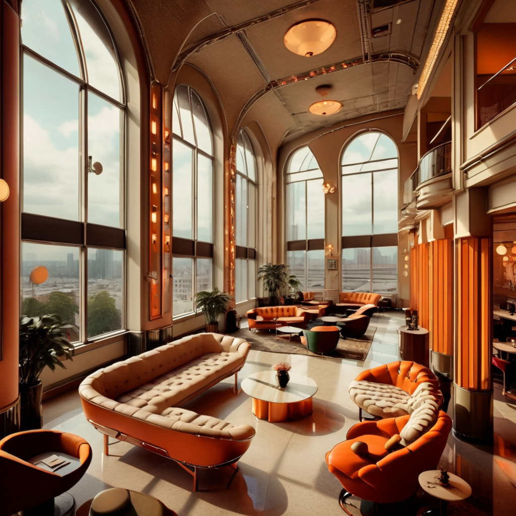 retro  fashion style hotel lobby, high ceilings, large windows, view city,  <lora:retro fashion cyberpunk style:1>