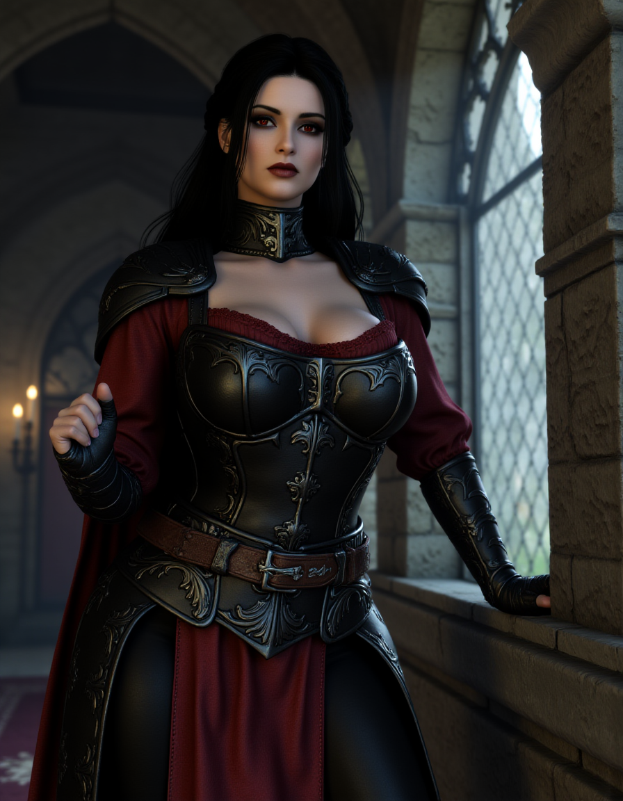 <lora:Serana_4:0.65>, Portrait of curvy and alluring serana standing in a gothic castle by the window. Wearing sexy black and red armor with hints of lace and lingeire. Wide seductive mile. Looking at viewer. Dark fantasy. <lora:Katarina_Vesela_10:0.6>