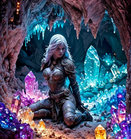 RAW photo, (masterpiece:1.3), subsurface scattering, heavy shadow, (high quality:1.4), (intricate, high detail:1.2), professional photography, HDR, High Dynamic Range, realistic, ultra realistic, photorealistic, high resolution, film photography, ambient lighting, atmospheric effects, <lora:detail_slider_v4:2>, OverallDetail, <lora:CrystalCaves:0.96>, cave, cryca, colorful crystals, gems, beams of light, water dripping from walls, <lora:Drow:0.8>, a female drow scout, wearing intricate leather armor, dynamic pose, cape, epiCPhoto, <lora:zoom_slider_v1:-2>