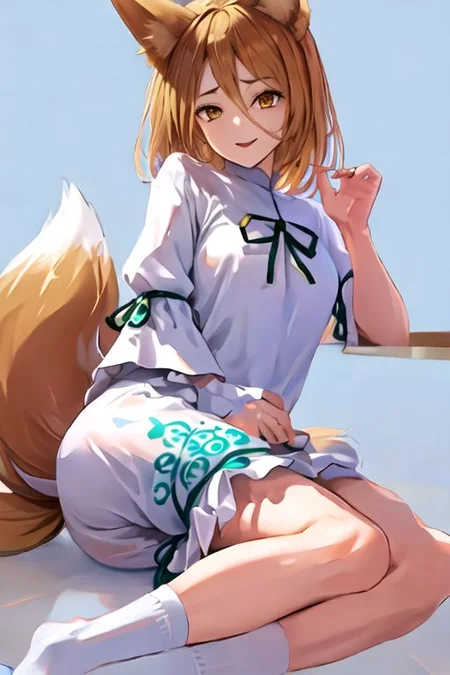 solo_focus, 1girl, ((white background, simple background)):2, (((masterpiece))), ((best quality)), ((ultra-detailed)), high resolution, absurdres, highres, ultra-detailed 8k unity wallpaper,
Kudamaki Tsukasa, fox ears, fox tail, hair between eyes, white romper, green ribbon, white socks,