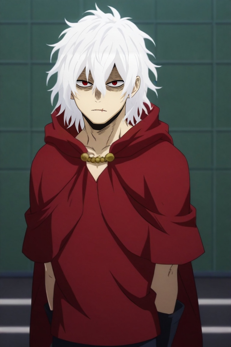 score_9, score_8_up, score_7_up, source_anime, rating_safe, intricate details, (photorealistic:0.6), looking at viewer, , 1boy, solo, male focus, <lora:tomura_shigaraki_pony:0.98>, tomura_shigaraki, white hair, red eyes, messy hair, gloves, red cape, , , asymmetrical, gym, day, sunny, arms behind back, relaxed, christmas costume, <lora:sdxl_lightning_8step_lora:1>