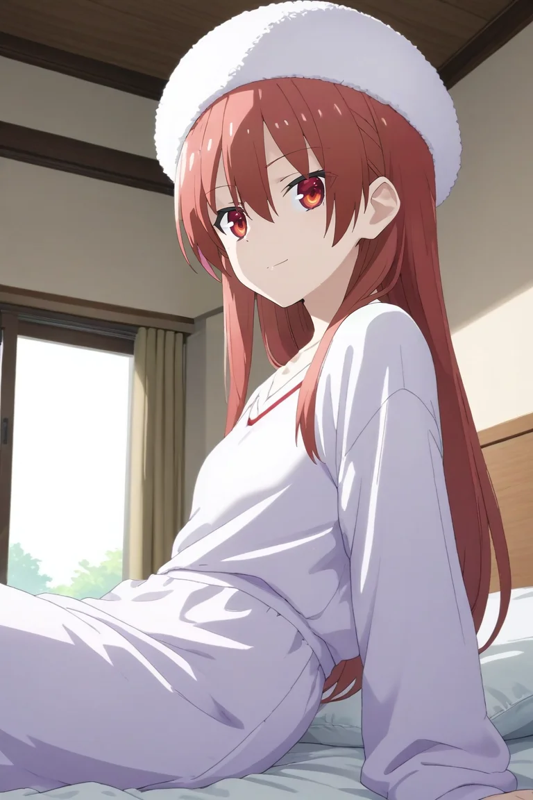 score_9, score_8_up, score_7_up, source_anime, rating_safe, , , looking at viewer, , 1girl, solo, <lora:tsukasa_yuzaki_pony:0.82>, tsukasa_yuzaki, red hair, red eyes, long hair, hair between eyes, bangs, panorama, bedroom, bed, nightstand, indoors, light, leaning back, seductive smile, pompom, long skirt, hat, toeless footwear, <lora:sdxl_lightning_8step_lora:1>