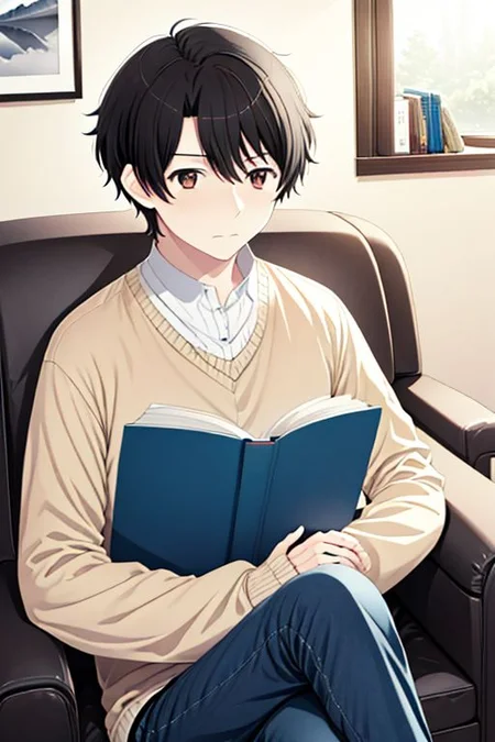 high resolution, solo, best quality, 1Boy, Inaho Kaizuka, Black hair, Brown Eyes, Reading a book, armchair, blanket, quiet, OverallDetail