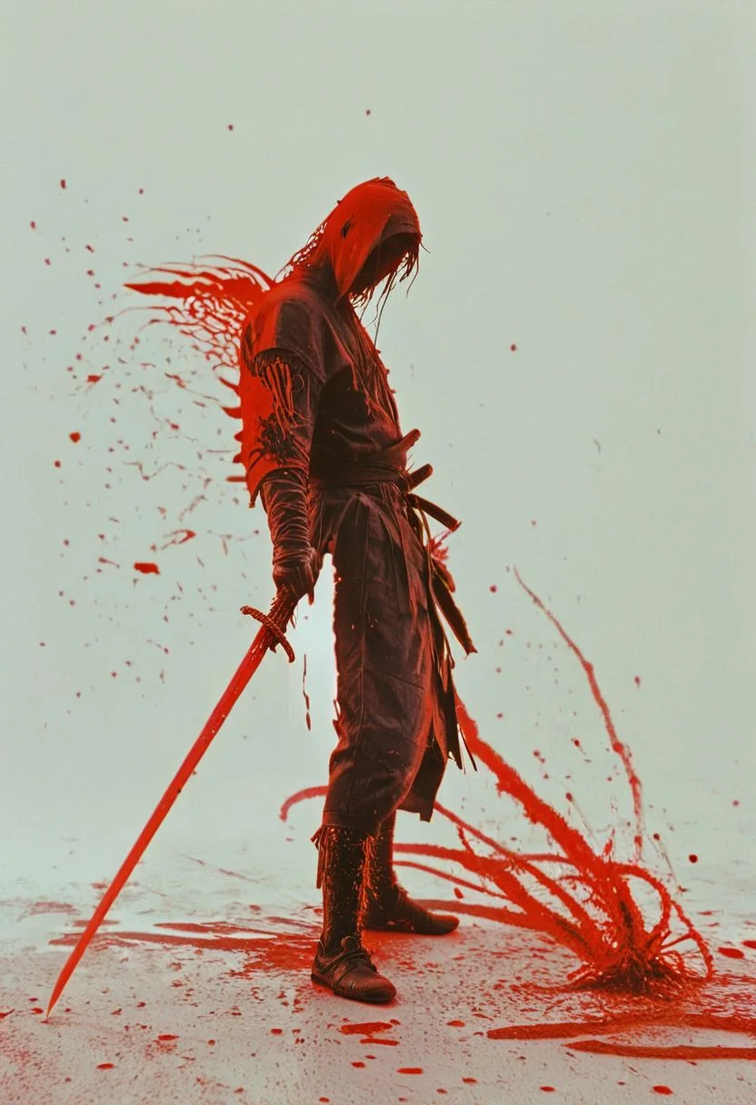 Closeup Portrait, Dynamic pose By yoji shinkawa, a ninja gracefully posing in Fight stance with katana, Blood Splash, severed arm, Blood fountain, infront of vanta white background with overhelming cascading red/black sharp ascii_art streams of data. Illuminate the fusion of artistry and innovation in this mesmerizing image.bailing_glitch_effect,
atmospheric haze, Film grain, cinematic film still, highly detailed