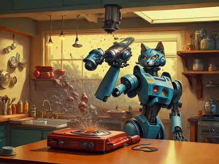 action shot of the mechaghetti meafbaw hypercannon equipped kitchen bench countertop fuze retro catara decatron 50s makeola electronic book indicator