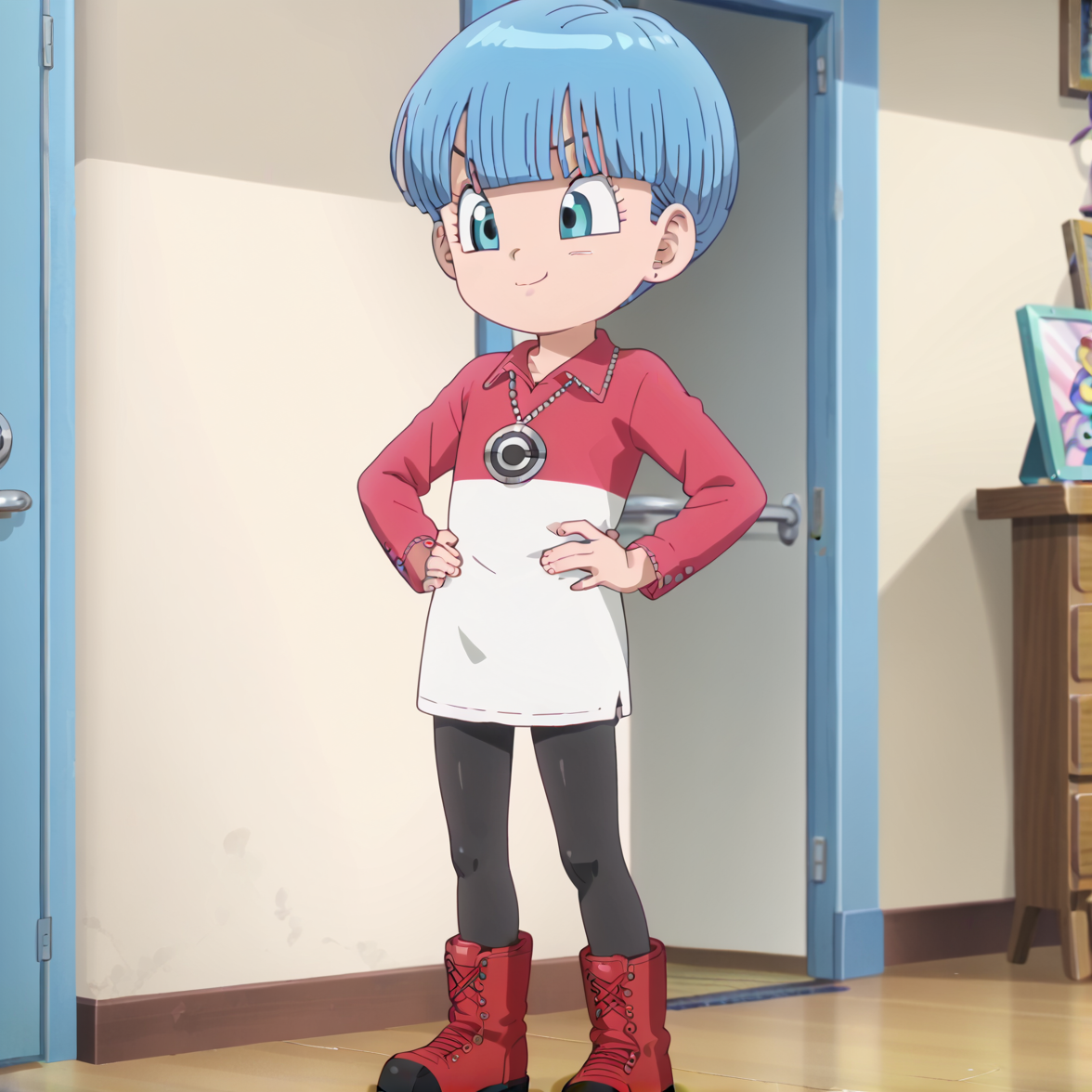 score_7_up, score_6_up, score_5_up, score_4_up, 1girl, solo, bulma (daima), bulma mini, short hair, blue hair, flat chest, pantyhose, anime screencap,
long sleeve shirt, pantyhose, red boots, hands on waist, standing, smug,
 <lora:Bulma_Mini_Dragon_Ball_Daima:0.9>