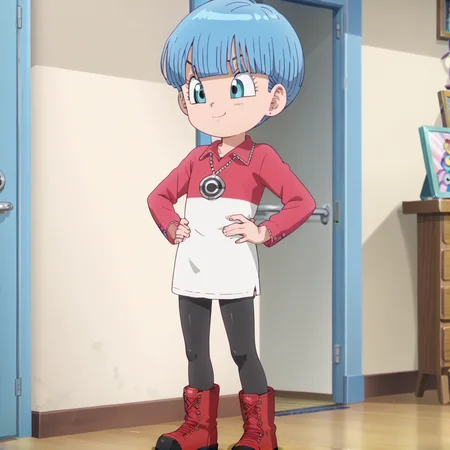 score_7_up, score_6_up, score_5_up, score_4_up, 1girl, solo, bulma (daima), bulma mini, short hair, blue hair, flat chest, pantyhose, anime screencap,
long sleeve shirt, pantyhose, red boots, hands on waist, standing, smug,
 <lora:Bulma_Mini_Dragon_Ball_Daima:0.9>