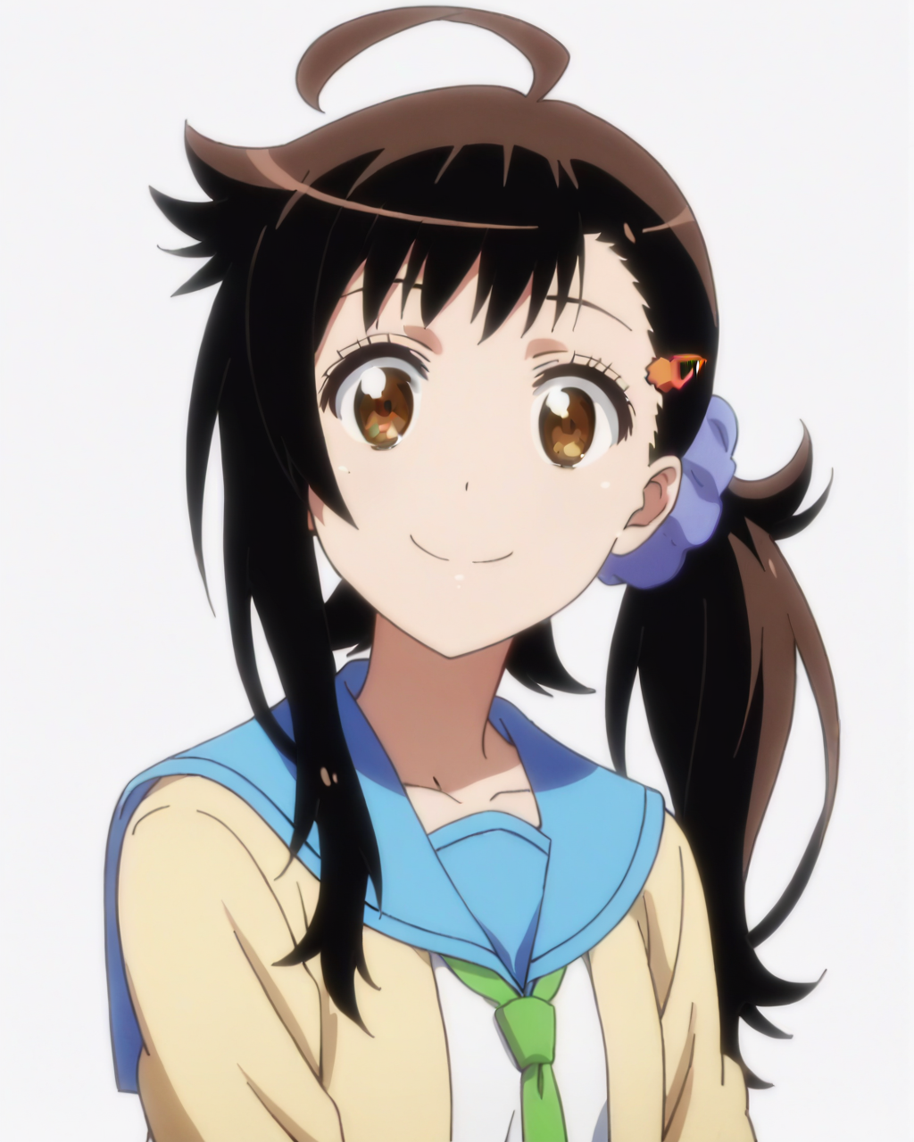 score_9, score_8_up, score_7_up, best quality, masterpiece, anime, anime screencap, anime coloring, 1girl, solo, upper body, (simple background, solid white background:1.3), <lora:haru-nisekoi:0.8>, haru onodera, side ponytail, scrunchie, hairclip, cardigan, school uniform, serafuku, looking at viewer, smile,