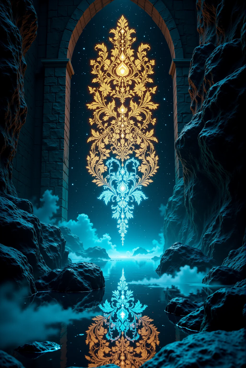 <lora:Ornamental_Patterns:0.8> OrnamentalPatterns style.
Emerging from a dark stone alcove, a tall vertical structure of glowing ornamental design ascends like a pillar of light, composed of intertwined motifs rendered in icy cyan and molten gold. The central pattern is perfectly symmetrical, with lace-like intricacy and vector-sharp clarity, each loop and arc defined with mathematical precision. It hovers above a shallow reflective pool, where the mirror-like surface replicates the entire design in crisp, luminous detail. The surrounding rock walls absorb the light, creating a rich contrast that intensifies the brilliance of the glowing centerpiece. The ambient environment is hushed and immersive, cloaked in cool shadows that highlight the warm radiance of the filigree. The overall composition is styled with elements of high-fidelity architectural concept art and fantasy realism, enhanced by subtle volumetric glow and tightly controlled ambient lighting, delivering a sacred, shrine-like atmosphere centered around ornamental purity and glowing structural harmony.
