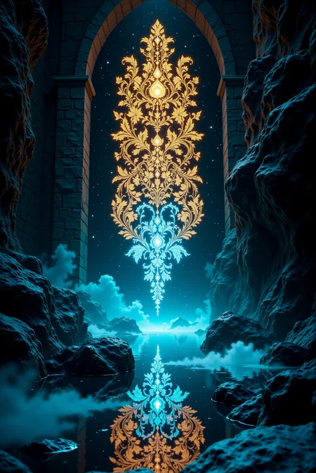 <lora:Ornamental_Patterns:0.8> OrnamentalPatterns style.
Emerging from a dark stone alcove, a tall vertical structure of glowing ornamental design ascends like a pillar of light, composed of intertwined motifs rendered in icy cyan and molten gold. The central pattern is perfectly symmetrical, with lace-like intricacy and vector-sharp clarity, each loop and arc defined with mathematical precision. It hovers above a shallow reflective pool, where the mirror-like surface replicates the entire design in crisp, luminous detail. The surrounding rock walls absorb the light, creating a rich contrast that intensifies the brilliance of the glowing centerpiece. The ambient environment is hushed and immersive, cloaked in cool shadows that highlight the warm radiance of the filigree. The overall composition is styled with elements of high-fidelity architectural concept art and fantasy realism, enhanced by subtle volumetric glow and tightly controlled ambient lighting, delivering a sacred, shrine-like atmosphere centered around ornamental purity and glowing structural harmony.