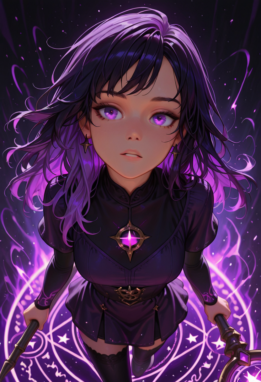 masterpiece, best quality, amazing quality, <lora:p0nyd1sney1ncasev1x0n2-v2:1>, p0nyd1sney1ncasev1x0n2, 1girl, 25 years old, perfect face,
purple eyes, foreshortening, from above,
multi-colored hair, black hair, purple hair, long hair, floating hair,  detailed face, portrait, face focus, depth of field,
purple dress, black dress, layered sleeves, black thighhighs,
magic, casting spell, energy, magic circle, glowing, staff,  holding staff, floating, floating object,  glowing particles, aura, stars,