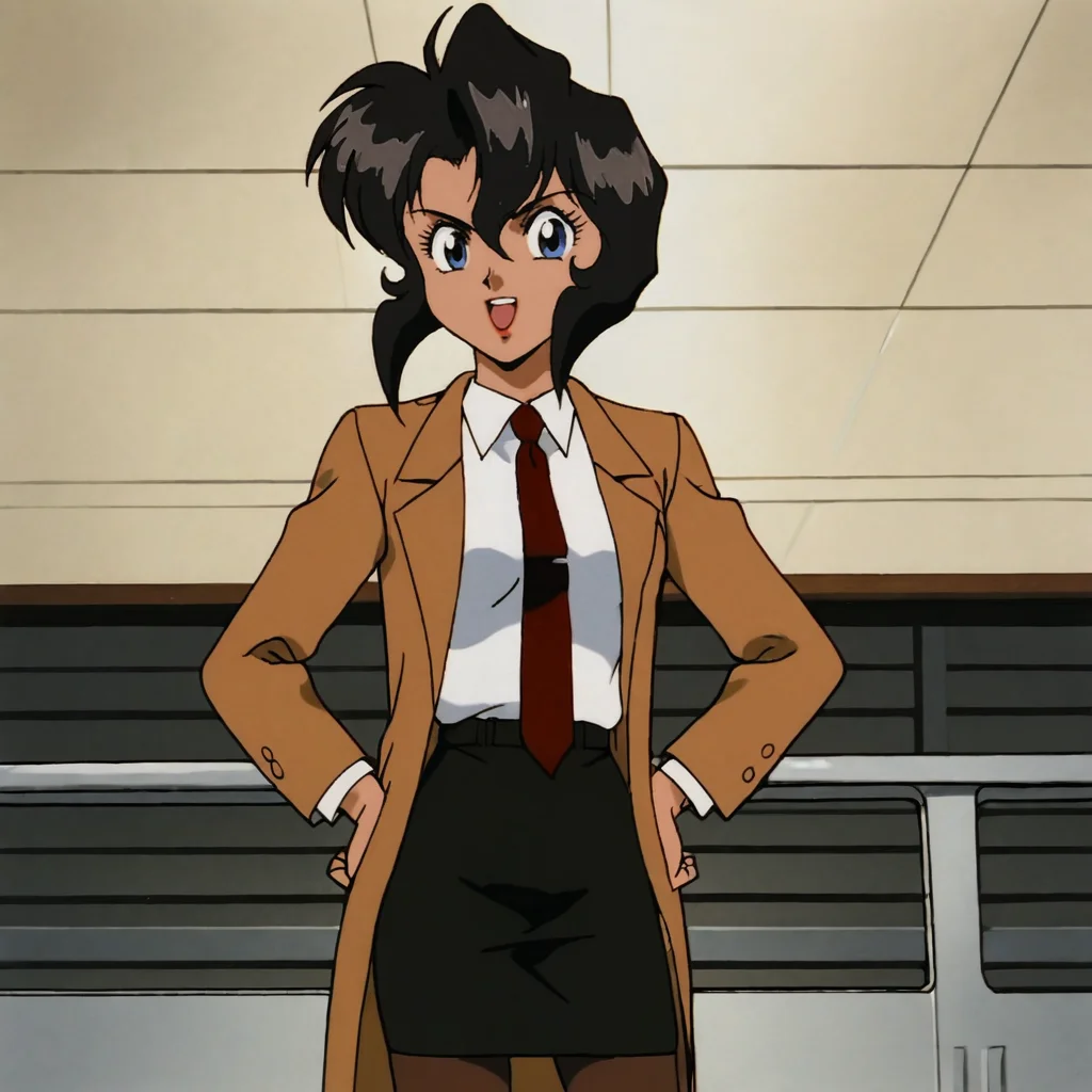 <lora:RallyVincent_pony_v1:.7> Rally, jacket, 1girl, red necktie, pantyhose, blue eyes, coat,  dark skin, pencil skirt, black hair, retro artstyle, dark-skinned female, 1990s (style), short hair, shirt, cowboy shot, hands on hips