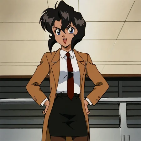 <lora:RallyVincent_pony_v1:.7> Rally, jacket, 1girl, red necktie, pantyhose, blue eyes, coat,  dark skin, pencil skirt, black hair, retro artstyle, dark-skinned female, 1990s (style), short hair, shirt, cowboy shot, hands on hips