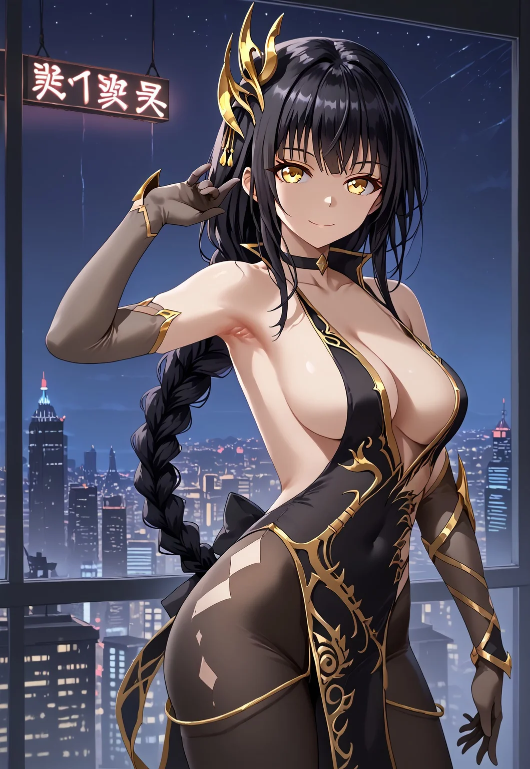 safe_pos, safe_pos, 1girl, solo, solo focus, highres, absurdres, CtK_Kangxi, very long hair, black hair, black dress, yellow eyes, cleavage, elbow gloves, bare shoulder, hair ornament, single braid, black pantyhose, black gloves, black choker, collarbone, sideboob, revealing clothes, backless outfit, pelvic curtain, armpits, plunging neckline,
looking at viewer, hand up, smile, from side, closed mouth, back, shoulder blades, median furrow,
window, cityscape, neon lights, shade, night, night sky, dark, backlighting,