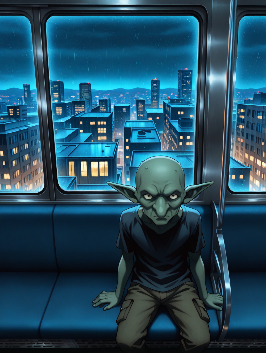 masterpiece,best quality,newest,
solo,
1boy,<lora:gob_ilxl_v1.3:1>,Gob,
<lora:Fixhands_anime_bdsqlsz_V1:1>,voyeur,cityscape,train,night,staring,rainy window,sitting_on_chair,inside the train,short sleeve T-shirts,cargo_pants,