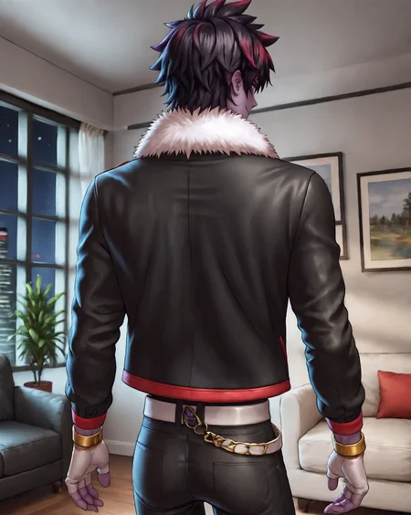 score_9, score_8_up, score_7_up, rating_questionable, intricately detailed, high resolution,
<lora:Echo_Gayharem:0.8>,
1boy(echo_gh, purple skin, black pants, white belt, bare chest, white fingerless gloves, black jacket with white fur collar, gold bracelets, cowboy shot, thigh up focus, slight smile, looking at the viewer, solo), back view, living room, potted plants, in a penthouse, modern furniture, large sofa, at night, dark room, low light, indirect lightning,
detailed background, depth of field,
<lora:ral-chrosc-clr:0.7>, ral-chrosc-clr,
<lora:Expressive_H:0.5>, Expressiveh,
<lora:xl_more_art-full_v1:0.3>,
<lora:add-detail-xl:0.3>