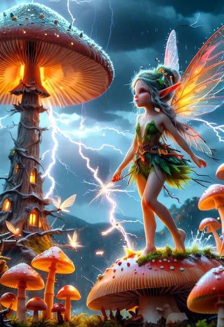 Two micro-fairies like angels with fragile wings dancing in the air under a large mushroom, girls face, ultra high details, thunder and lightning, fireflies in the background, ancient decent, umbra color pallet, sky, trending on artstation, sharp focus, studio photo, intricate details, highly detailed, by greg rutkowski, Miki Asai Macro photography, close-up, hyper detailed, trending on artstation, sharp focus, studio photo, intricate details, highly detailed, by greg rutkowski