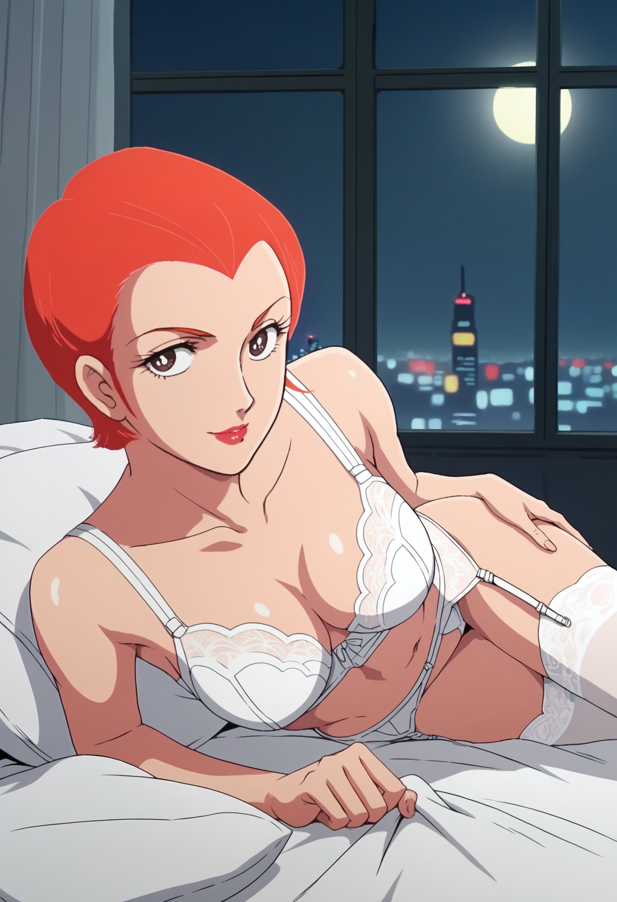 score_9, score_8_up, score_7_up, score_6_up, anime screencap, anime coloring, <lora:FGMatildaAdjan:0.9>, FGMatildaAdjan, 1girl, solo, brown eyes, short hair, hair slicked back, orange hair, lipstick, breasts,
white lingerie, white garter belt, white thighhighs, 
seductive smile, bed, lying on side,
BREAK, night sky, night, dark background, indoors, window, cityscape, city lights,