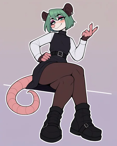 score_9_up, score_8_up, score_7_up, score_6_up, by remanedur, low-angle view, small breasts, green hair, possum, black turtleneck, pose, sitting, gesture, crossed legs, green eyes, eyeshadow, female, looking at viewer, tail, dress, blush, solo, ear piercing, short hair, smile, black footwear, belt, (three-quarter view), head tilt, simple background, white outline, <lora:Leah_Pines(AIM)_XL_v1:0.15> <lora:PDXL_artist_tags_v2_big:0.55> <lora:The-Minuscule-Task_PDXL_v1.0:0.65> <lora:Nova_Nightingale_jopitr:0.4>