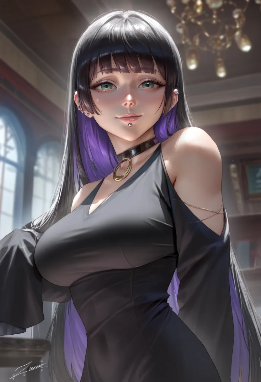 (zumi:0.8),clickagain,(nomalman:1.1),score_9, score_7_up, 1girl, solo, <lora:Hoseki_BocchiTheRock_Pasan_PDXL_v2:0.8> pasan, colored inner hair, large breasts, ear piercing, chin piercing, hime cut, choker, black dress, long dress, shoulder cutout, sleeves, upper body, seductive smile, indoors, arms behind back,from front, facing viewer