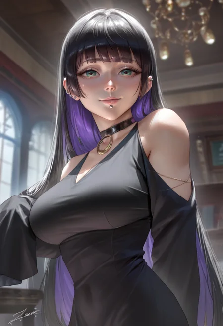 (zumi:0.8),clickagain,(nomalman:1.1),score_9, score_7_up, 1girl, solo, <lora:Hoseki_BocchiTheRock_Pasan_PDXL_v2:0.8> pasan, colored inner hair, large breasts, ear piercing, chin piercing, hime cut, choker, black dress, long dress, shoulder cutout, sleeves, upper body, seductive smile, indoors, arms behind back,from front, facing viewer