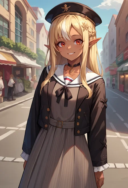 score_9, score_8_up, score_7_up, source_anime, 1girl, solo, FlareStreet, dark skin, long hair, braid, hat, black headwear, black choker, pendant, grey dress, pinstripe dress, white sailor collar, black jacket, outdoors, street, smile, <lora:ChjamShiranuiFlarePonyXL:1>