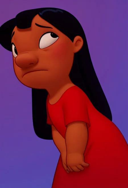 score_9, score_7_up, painting of 1girl, solo, lilo_pelekai, dark skin, black hair, long hair, black eyes, red dress, smile, shy:2, blue background, cute:2, gradient background, looking to the side, ((score_9, score_8_up, score_7_up)), modern-style colour illustration, perfect & accurate lineart, lifelike art, film grain, dynamic pose