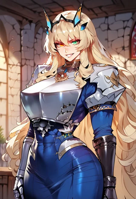 sscore_9, score_8_up, score_7_up, score_6_up, score_5_up, source_anime, uncensored, ultra detailed, Expressiveh, indoors, 8k, realistic lighting, realistic shadows, beautiful face, best facet, 1girl, solo, looking at viewer, cowboy shot,  <lora:Barghest_Sdxl-11:1>, Barghest_Armored, platinum blonde hair, crossed bangs, very long hair, wavy hair, sidelocks,  heterochromia, glowing eyes, full armor, glowing armor, armored dress,  collar,shoulder armor, chain, pauldrons, gauntlets, breastplate, boobplate, gloves, armored boots, faulds, vambraces, muscular female, long sleeves, outdoors blue sky, medieval, evil grin, crossed arms,  from side,